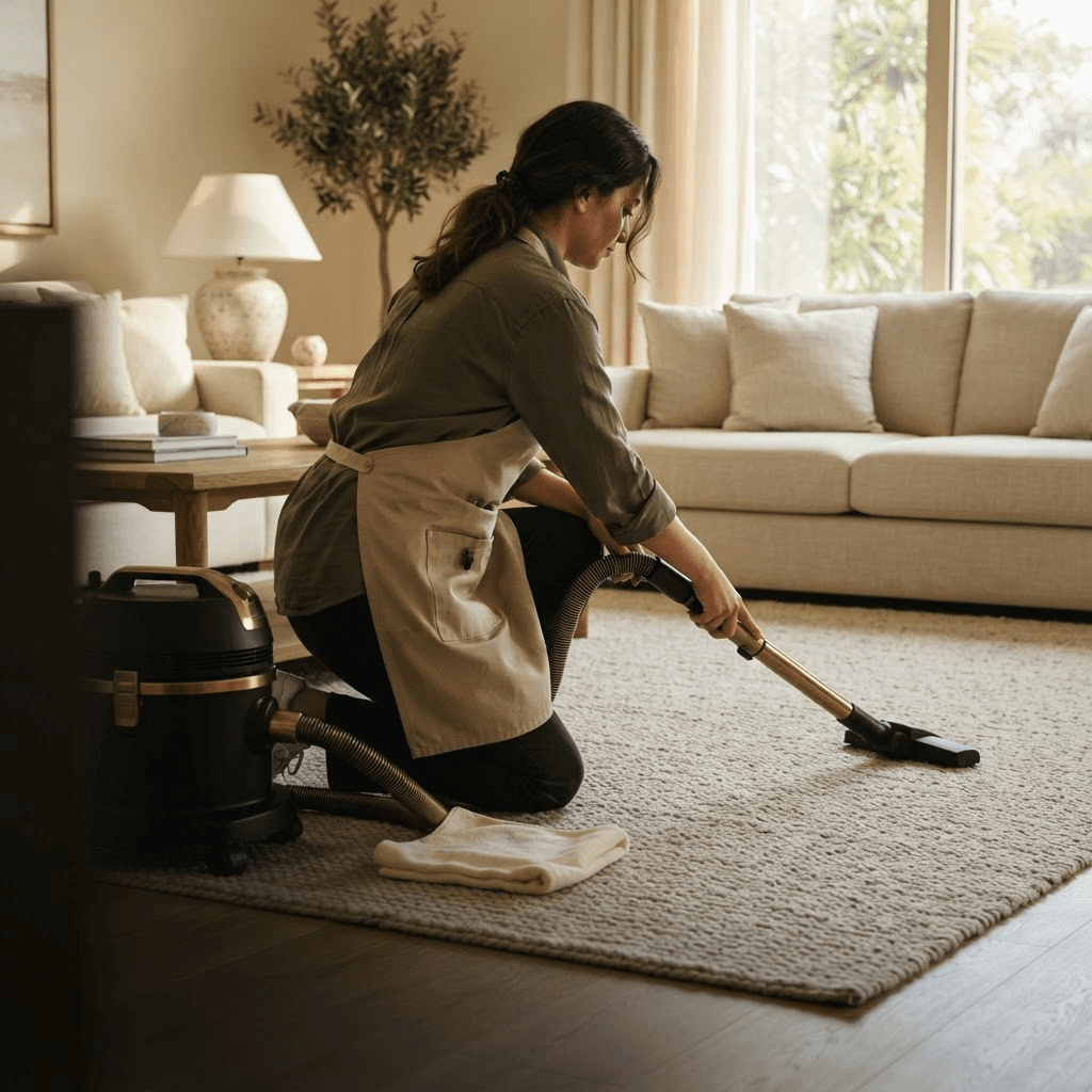 A professional cleaner vacuuming a bright villa interior with warm natural light.