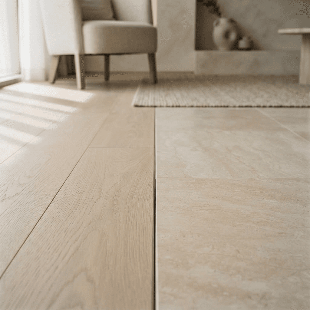 Earth-toned gloved hands carefully brushing dust from a wooden window track in warm daylight.